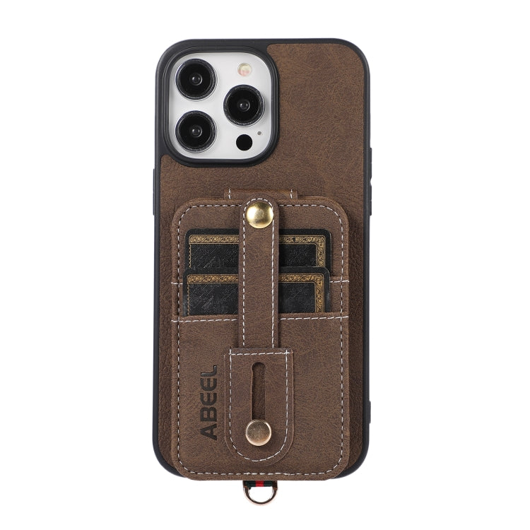 For iPhone 15 Pro Max ABEEL Litchi Texture Card Bag PU Phone Case(Khaki) - iPhone 15 Pro Max Cases by buy2fix | Online Shopping UK | buy2fix