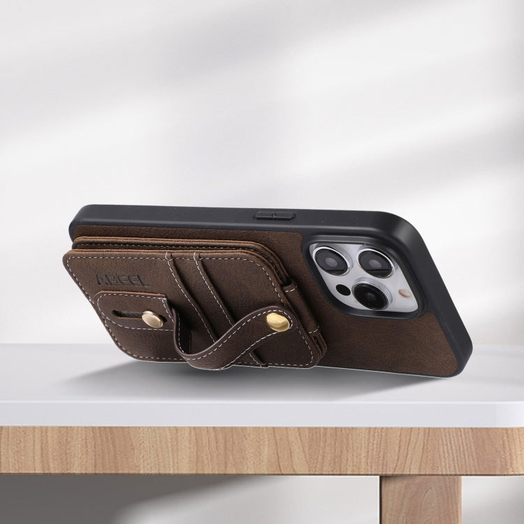 For iPhone 15 Pro Max ABEEL Litchi Texture Card Bag PU Phone Case(Khaki) - iPhone 15 Pro Max Cases by buy2fix | Online Shopping UK | buy2fix