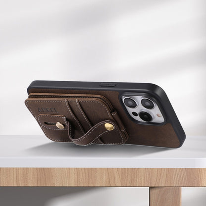 For iPhone 15 Pro Max ABEEL Litchi Texture Card Bag PU Phone Case(Khaki) - iPhone 15 Pro Max Cases by buy2fix | Online Shopping UK | buy2fix