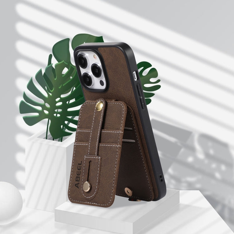 For iPhone 15 Pro Max ABEEL Litchi Texture Card Bag PU Phone Case(Khaki) - iPhone 15 Pro Max Cases by buy2fix | Online Shopping UK | buy2fix