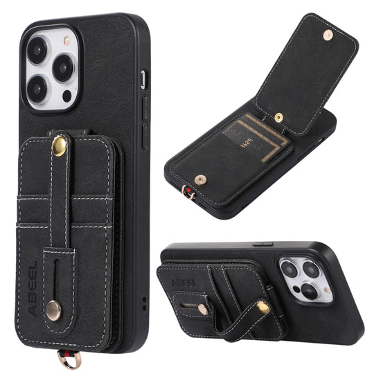 For iPhone 15 Pro ABEEL Litchi Texture Card Bag PU Phone Case(Black)