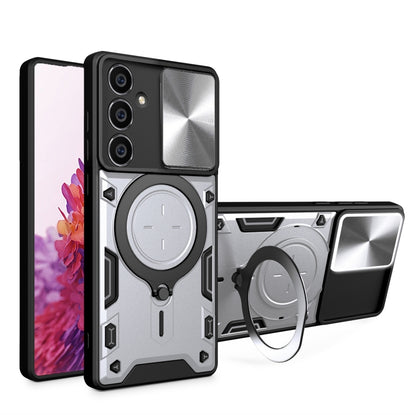For Samsung Galaxy S23 FE 5G CD Texture Sliding Camshield Magnetic Holder Phone Case(Silver) - Galaxy S23 FE 5G Cases by buy2fix | Online Shopping UK | buy2fix