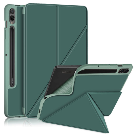 For Samsung Galaxy Tab S9 Cloth Texture Multi-folding Horizontal Flip Leather Tablet Case(Dark Green) - Galaxy Tab S9 Cases by buy2fix | Online Shopping UK | buy2fix