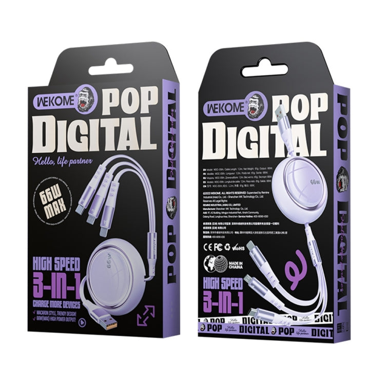 WK WDC-05 66W 3 in 1 USB to 8 Pin + Micro USB + USB-C / Type-C Retractable Fast Charging Data Cable, Length: 1.2m(Purple) - Multifunction Cable by WK | Online Shopping UK | buy2fix