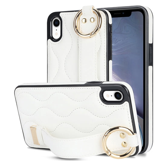 For iPhone XR Non-slip Full Coverage Ring PU Phone Case with Wristband(White) - More iPhone Cases by buy2fix | Online Shopping UK | buy2fix