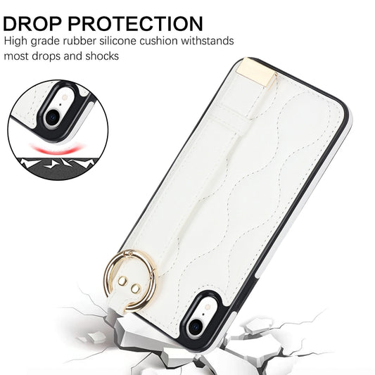 For iPhone XR Non-slip Full Coverage Ring PU Phone Case with Wristband(White) - More iPhone Cases by buy2fix | Online Shopping UK | buy2fix