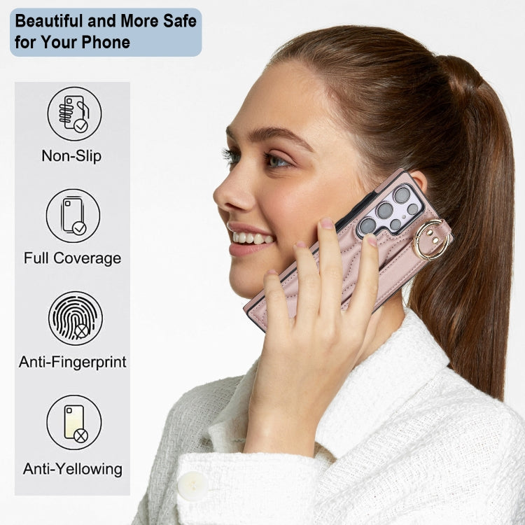 For Samsung Galaxy S23 Ultra Non-slip Full Coverage Ring PU Phone Case with Wristband(Rose Gold) - Galaxy S23 Ultra 5G Cases by buy2fix | Online Shopping UK | buy2fix