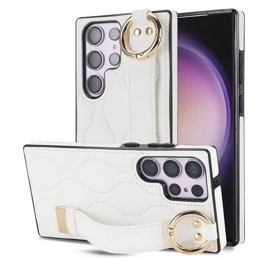 For Samsung Galaxy S23 Ultra Non-slip Full Coverage Ring PU Phone Case with Wristband(White) - Galaxy S23 Ultra 5G Cases by buy2fix | Online Shopping UK | buy2fix