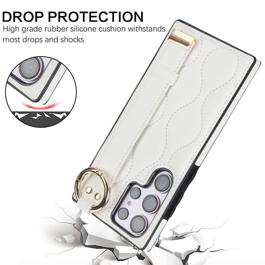 For Samsung Galaxy S23 Ultra Non-slip Full Coverage Ring PU Phone Case with Wristband(White) - Galaxy S23 Ultra 5G Cases by buy2fix | Online Shopping UK | buy2fix