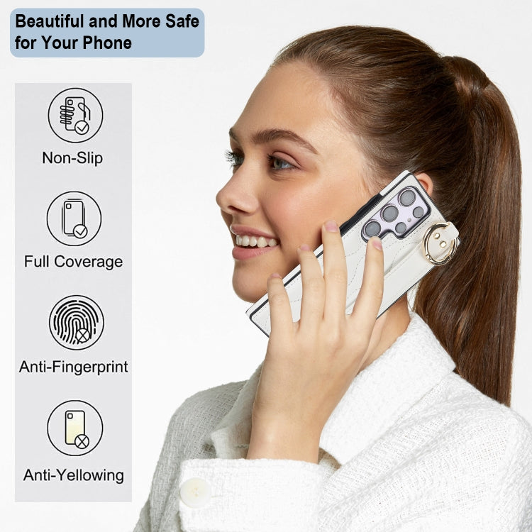 For Samsung Galaxy S23 Ultra Non-slip Full Coverage Ring PU Phone Case with Wristband(White) - Galaxy S23 Ultra 5G Cases by buy2fix | Online Shopping UK | buy2fix