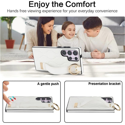 For Samsung Galaxy S23 Ultra Non-slip Full Coverage Ring PU Phone Case with Wristband(White) - Galaxy S23 Ultra 5G Cases by buy2fix | Online Shopping UK | buy2fix