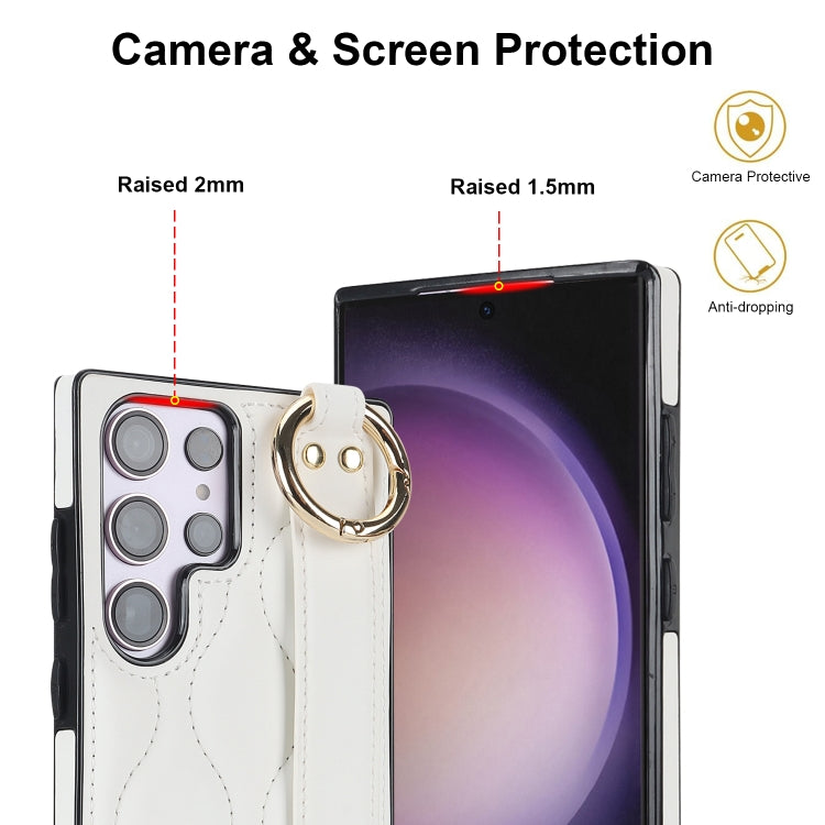 For Samsung Galaxy S23 Ultra Non-slip Full Coverage Ring PU Phone Case with Wristband(White) - Galaxy S23 Ultra 5G Cases by buy2fix | Online Shopping UK | buy2fix