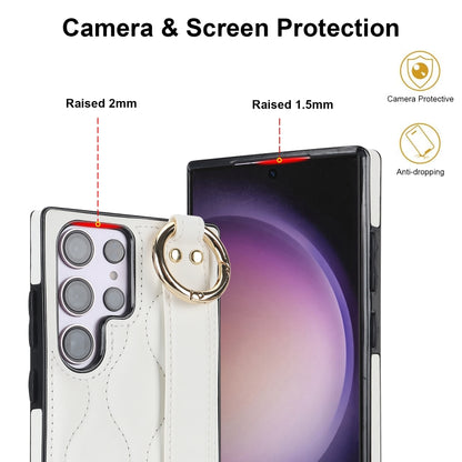 For Samsung Galaxy S23 Ultra Non-slip Full Coverage Ring PU Phone Case with Wristband(White) - Galaxy S23 Ultra 5G Cases by buy2fix | Online Shopping UK | buy2fix