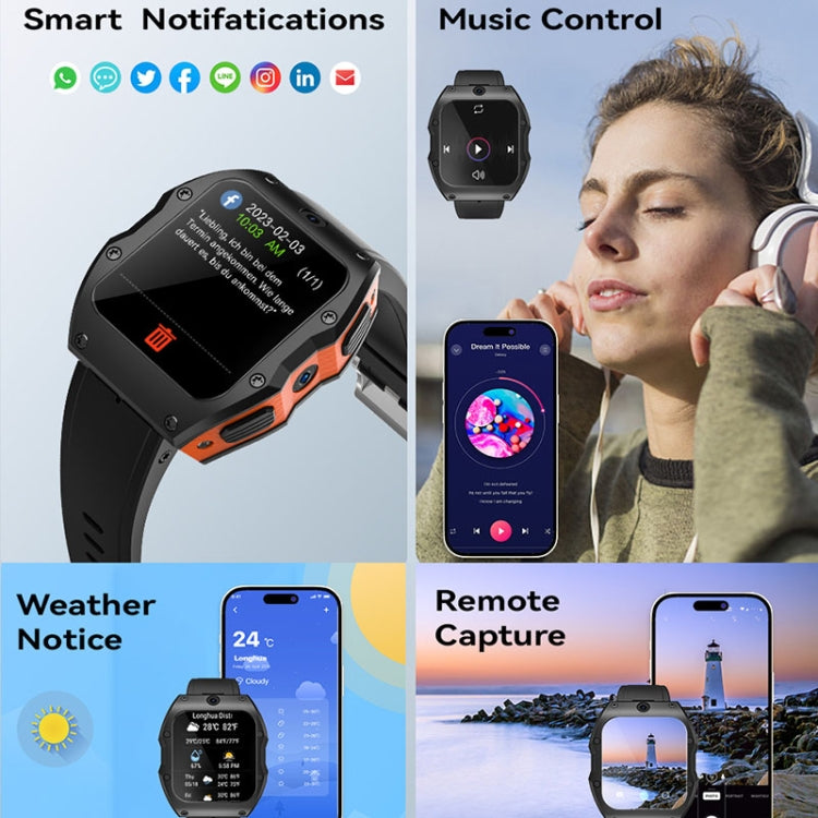 Model X 1.99 inch IP68 Waterproof Android 9.0 4G Dual Cameras Matte Smart Watch, Specification:4GB+128GB(Black Orange) by buy2fix