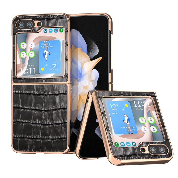 For Samsung Galaxy Z Flip5 Crocodile Texture Genuine Leather Electroplating Phone Case(Black) - Galaxy Z Flip5 Cases by buy2fix | Online Shopping UK | buy2fix