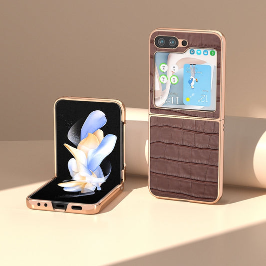 For Samsung Galaxy Z Flip5 Crocodile Texture Genuine Leather Electroplating Phone Case(Brown) - Galaxy Z Flip5 Cases by buy2fix | Online Shopping UK | buy2fix