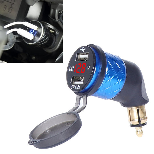 Chargeur coudé spécial pour moto, prise ue allemande, double voltmètre USB, chargeur 4,2 A, couleur de la coque : bleu (lumière rouge)