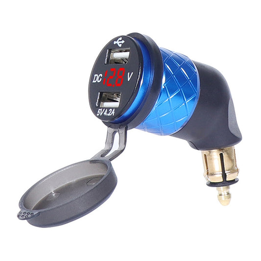 German EU Plug Special Motorcycle Elbow Charger Dual USB Voltmeter 4.2A Charger, Shell Color:Blue(Red Light) - Battery Charger by buy2fix | Online Shopping UK | buy2fix