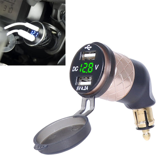 Chargeur coudé spécial pour moto, prise ue allemande, double voltmètre USB, chargeur 4,2 A, couleur de la coque : or (lumière verte)