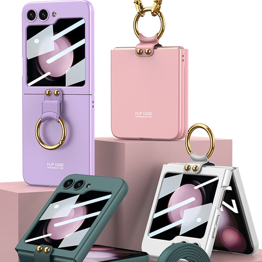 For Samsung Galaxy Z Flip5 GKK Ultra-thin PC Full Coverage Ring Holder Phone Case with Strap(Purple) by GKK