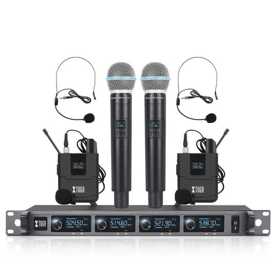 XTUGA A140-HB Wireless Microphone System 4 Channel Handheld Lavalier Headset Microphone(EU Plug)