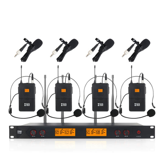 XTUGA A400-B Professional 4-Channel UHF Wireless Microphone System with 4 BodyPack Lavalier Headset Microphone(EU Plug)