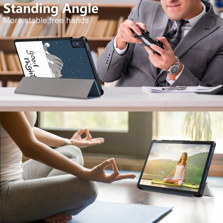 For Lenovo Tab M10 5G 10.6 3-folding Magnetic Buckle Coloured Drawing Leather Smart Tablet Case(Lazy Cat) - Lenovo by buy2fix | Online Shopping UK | buy2fix