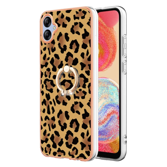 For Samsung Galaxy A04e Electroplating Dual-side IMD Phone Case with Ring Holder(Leopard Print) by buy2fix