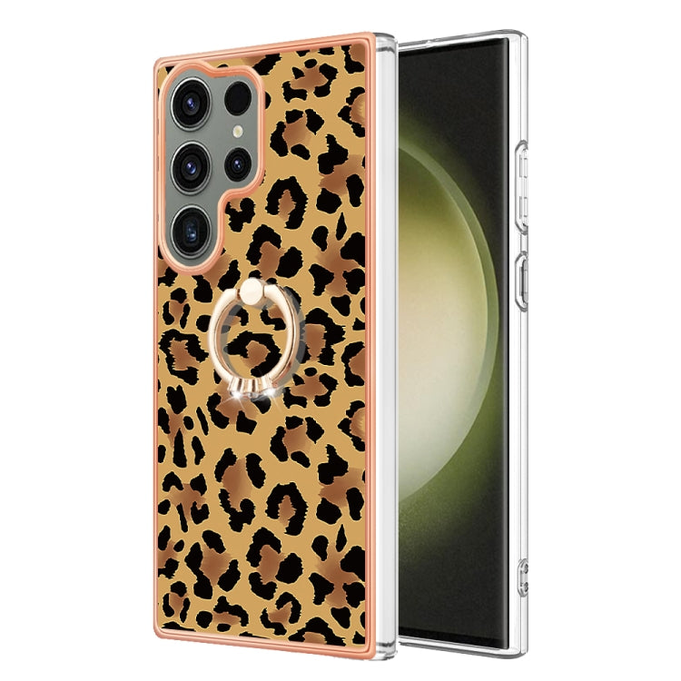 For Samsung Galaxy S23 Ultra 5G Electroplating Dual-side IMD Phone Case with Ring Holder(Leopard Print) - Galaxy S23 Ultra 5G Cases by buy2fix | Online Shopping UK | buy2fix