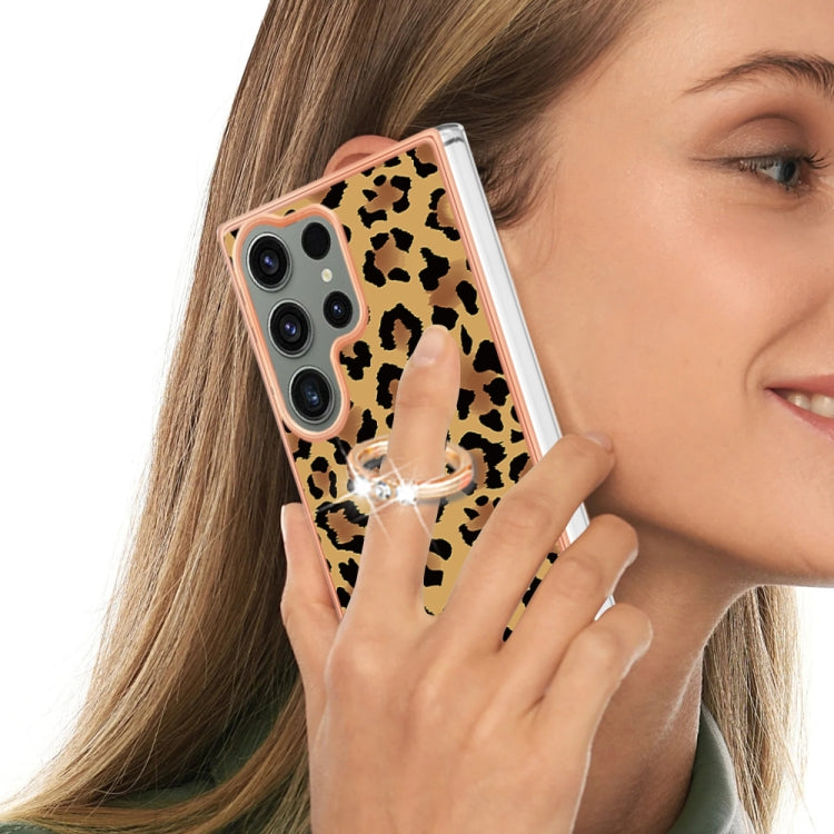 For Samsung Galaxy S23 Ultra 5G Electroplating Dual-side IMD Phone Case with Ring Holder(Leopard Print) - Galaxy S23 Ultra 5G Cases by buy2fix | Online Shopping UK | buy2fix