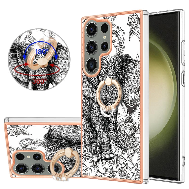 For Samsung Galaxy S23 Ultra 5G Electroplating Dual-side IMD Phone Case with Ring Holder(Totem Elephant) - Galaxy S23 Ultra 5G Cases by buy2fix | Online Shopping UK | buy2fix