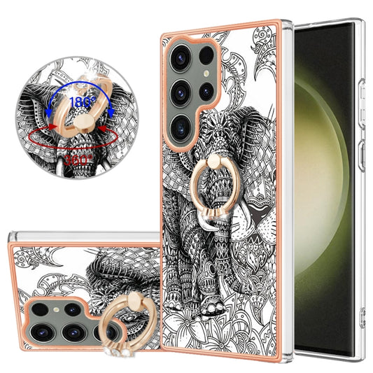 For Samsung Galaxy S23 Ultra 5G Electroplating Dual-side IMD Phone Case with Ring Holder(Totem Elephant) - Galaxy S23 Ultra 5G Cases by buy2fix | Online Shopping UK | buy2fix