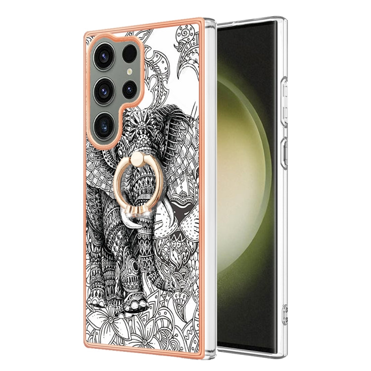 For Samsung Galaxy S23 Ultra 5G Electroplating Dual-side IMD Phone Case with Ring Holder(Totem Elephant) - Galaxy S23 Ultra 5G Cases by buy2fix | Online Shopping UK | buy2fix