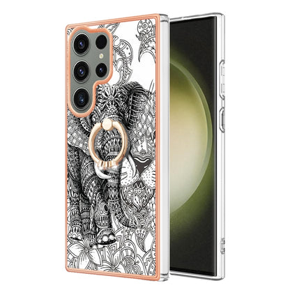 For Samsung Galaxy S23 Ultra 5G Electroplating Dual-side IMD Phone Case with Ring Holder(Totem Elephant) - Galaxy S23 Ultra 5G Cases by buy2fix | Online Shopping UK | buy2fix