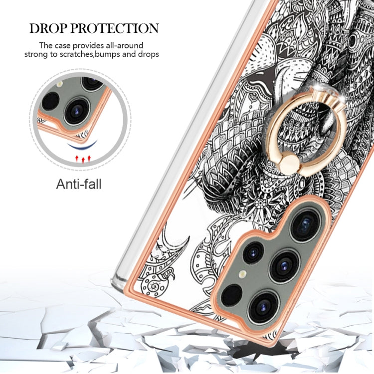 For Samsung Galaxy S23 Ultra 5G Electroplating Dual-side IMD Phone Case with Ring Holder(Totem Elephant) - Galaxy S23 Ultra 5G Cases by buy2fix | Online Shopping UK | buy2fix