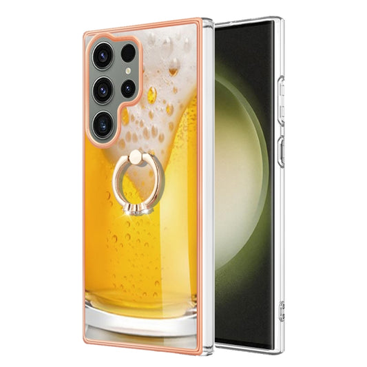 For Samsung Galaxy S23 Ultra 5G Electroplating Dual-side IMD Phone Case with Ring Holder(Draft Beer) - Galaxy S23 Ultra 5G Cases by buy2fix | Online Shopping UK | buy2fix