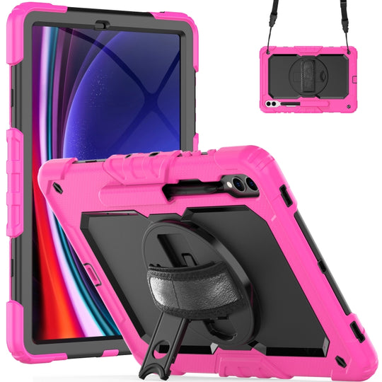 For Samsung Galaxy Tab S10+ / S9+ / S9 FE+ Lucky Wheel Grip Silicone Hybrid PC Tablet Case with Shoulder Strap(Rose Red+Black)