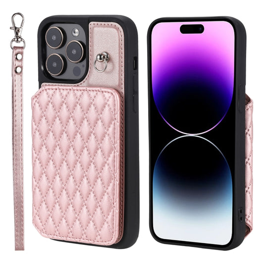 For iPhone 14 Pro Max Grid Texture Card Bag Phone Case with Lanyard(Rose Gold) - iPhone 14 Pro Max Cases by buy2fix | Online Shopping UK | buy2fix
