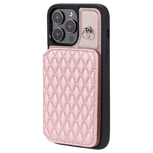 For iPhone 14 Pro Max Grid Texture Card Bag Phone Case with Lanyard(Rose Gold) - iPhone 14 Pro Max Cases by buy2fix | Online Shopping UK | buy2fix