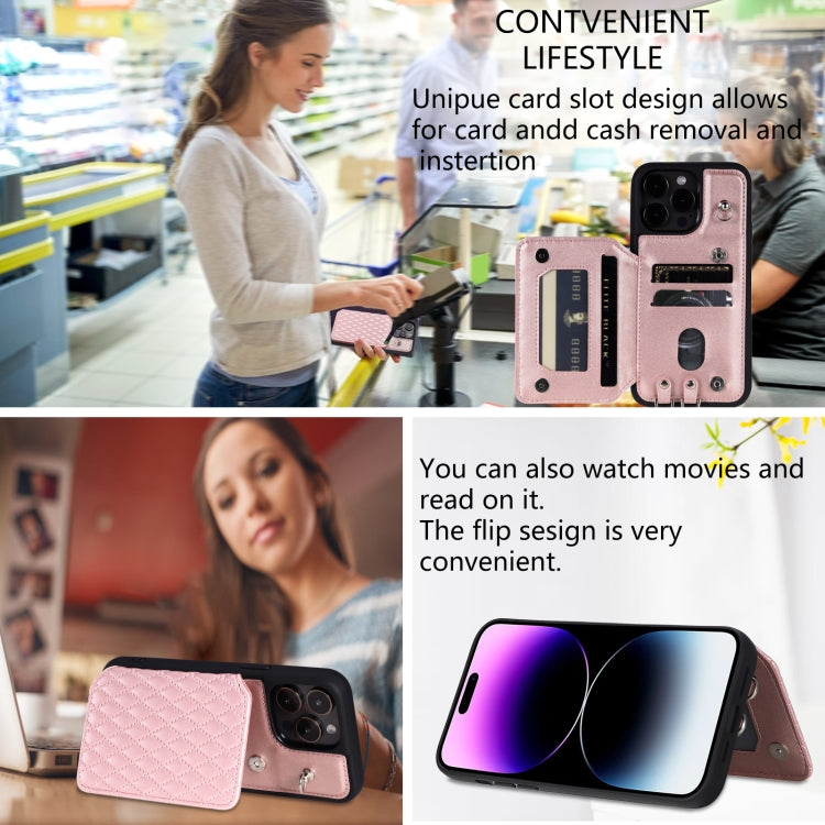 For iPhone 14 Pro Max Grid Texture Card Bag Phone Case with Lanyard(Rose Gold) - iPhone 14 Pro Max Cases by buy2fix | Online Shopping UK | buy2fix
