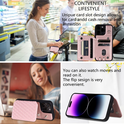For iPhone 14 Pro Max Grid Texture Card Bag Phone Case with Lanyard(Rose Gold) - iPhone 14 Pro Max Cases by buy2fix | Online Shopping UK | buy2fix