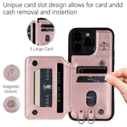 For iPhone 14 Pro Max Grid Texture Card Bag Phone Case with Lanyard(Rose Gold) - iPhone 14 Pro Max Cases by buy2fix | Online Shopping UK | buy2fix