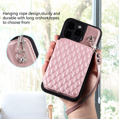 For iPhone 14 Pro Max Grid Texture Card Bag Phone Case with Lanyard(Rose Gold) - iPhone 14 Pro Max Cases by buy2fix | Online Shopping UK | buy2fix