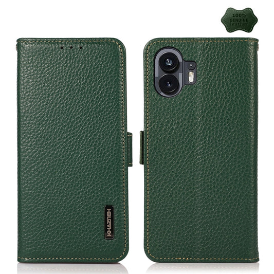 For Nothing Phone 2 KHAZNEH Side-Magnetic Litchi Genuine Leather RFID Phone Case(Green) - Nothing Cases by buy2fix | Online Shopping UK | buy2fix