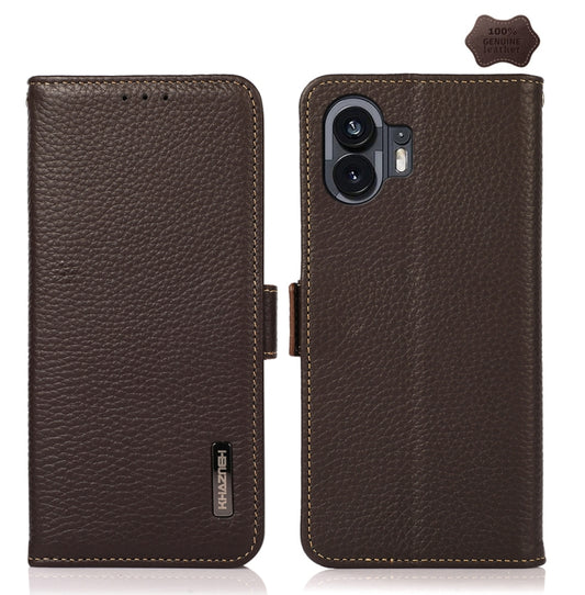 For Nothing Phone 2 KHAZNEH Side-Magnetic Litchi Genuine Leather RFID Phone Case(Brown) - Nothing Cases by buy2fix | Online Shopping UK | buy2fix