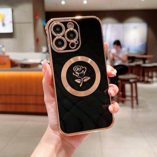 For iPhone 15 Pro Max Electroplate Side Roses Flower MagSafe Phone Case(Black) - iPhone 15 Pro Max Cases by buy2fix | Online Shopping UK | buy2fix