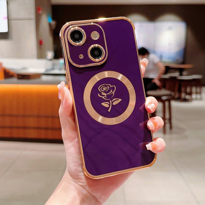 For iPhone 15 Plus Electroplate Side Roses Flower MagSafe Phone Case(Dark Purple) - iPhone 15 Plus Cases by buy2fix | Online Shopping UK | buy2fix