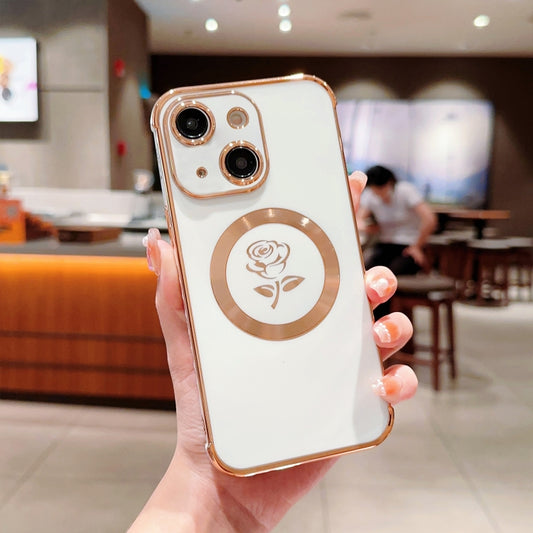 For iPhone 15 Electroplate Side Roses Flower MagSafe Phone Case(White) - iPhone 15 Cases by buy2fix | Online Shopping UK | buy2fix