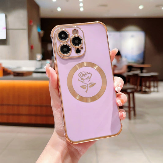 For iPhone 14 Pro Max Electroplate Side Roses Flower MagSafe Phone Case(Purple) - iPhone 14 Pro Max Cases by buy2fix | Online Shopping UK | buy2fix