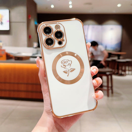 For iPhone 13 Pro Electroplate Side Roses Flower MagSafe Phone Case(White) - iPhone 13 Pro Cases by buy2fix | Online Shopping UK | buy2fix